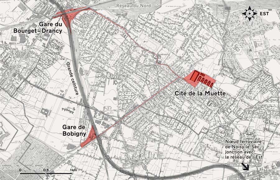 Plan de situation du camp de Drancy et des gares du Bourget-Drancy et Bobigny dans les annes 1930.  LM Communiquer pour la ville de Bobigny 