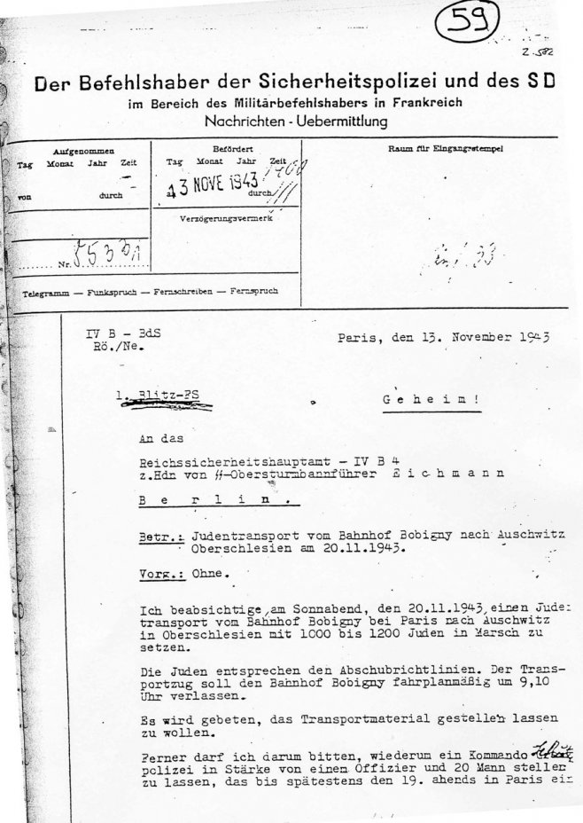 Telex des services d'Eichmann confirmant la dportation depuis Bobigny d'un convoi de mille personnes, en octobre 1943.  Mmorial de la Shoah